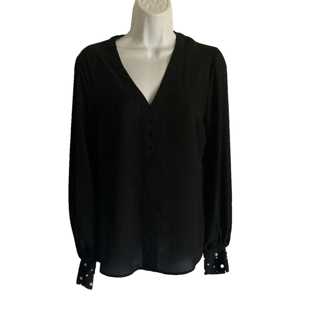 Express Womens Small Blouse Black Sheer Long Sleeve Shirt Faux Pearl Accent Top